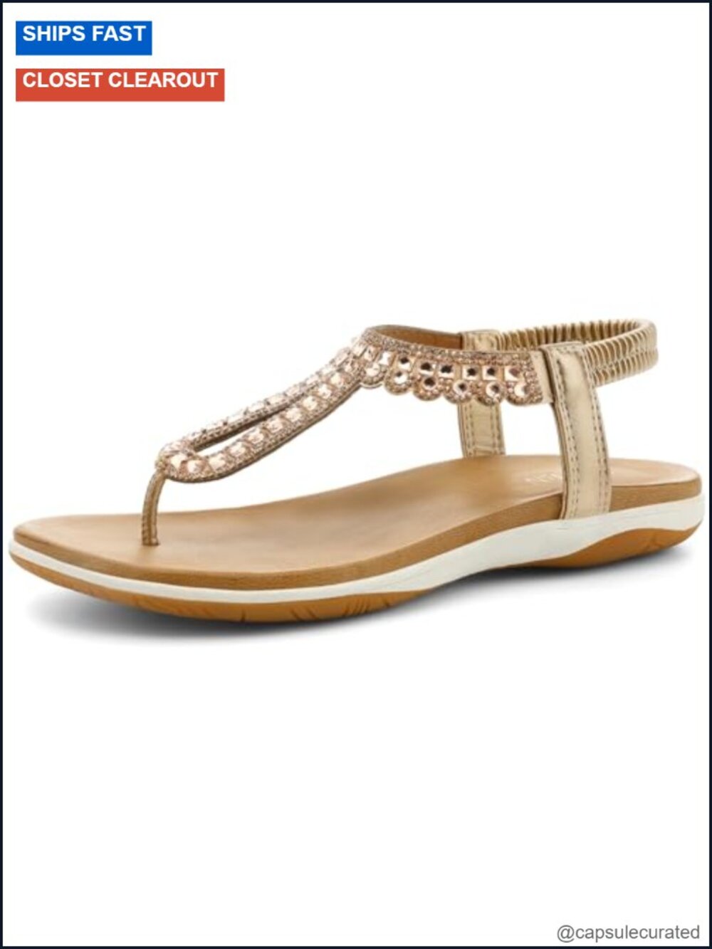 Women's Rhinestone Flat Sandals with Arch Support - Comfortable T-Strap Thong